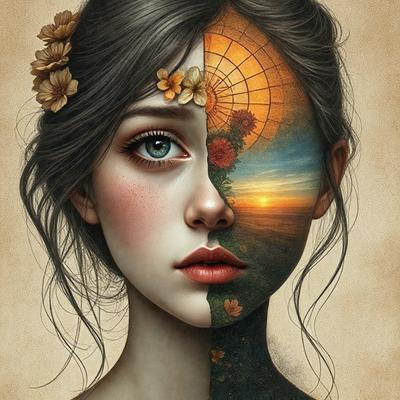 The primary subject of the image is a woman with a flower in her hair. She is depicted in two different styles, one as a painting and the other as a digital art. The setting is a beach, and the visual style is a combination of painting and digital art. The colors and mood of the image are vibrant and lively, with the woman's hair being a prominent feature.